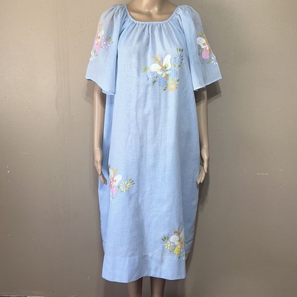 Vintage 40s 50s blue handcrafted embroidered linen Mexican shift dress mod sz XL - Picture 8 of 12